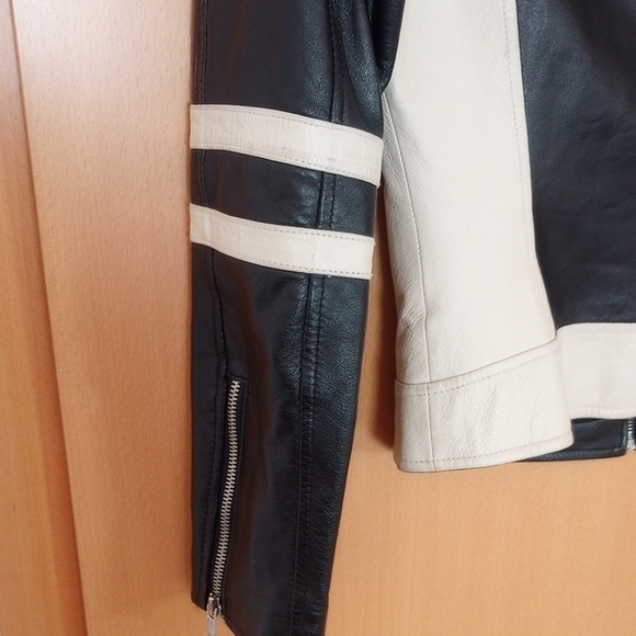 Wilsons Leather Black and Cream 100%  Leather Jacket Zip-Up Stand-Up Collar moto - Picture 10 of 15